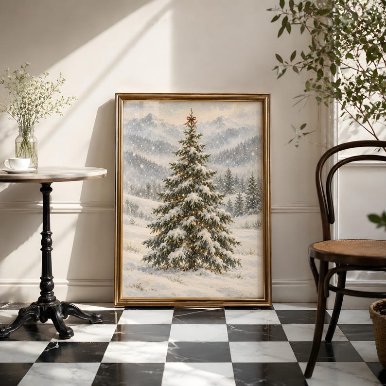 Vintage Snowy Christmas Tree Wall Art - Winter Landscape Painting ...