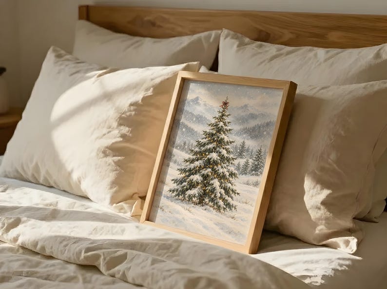 Vintage Snowy Christmas Tree Wall Art - Winter Landscape Painting ...