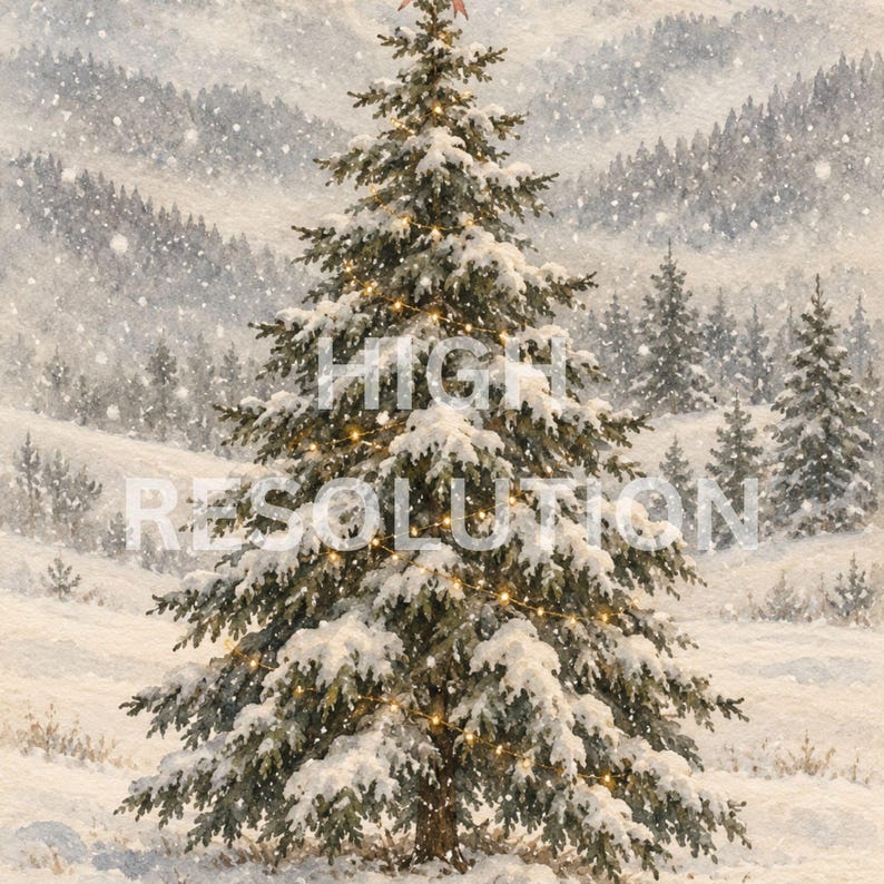 Vintage Snowy Christmas Tree Wall Art - Winter Landscape Painting ...