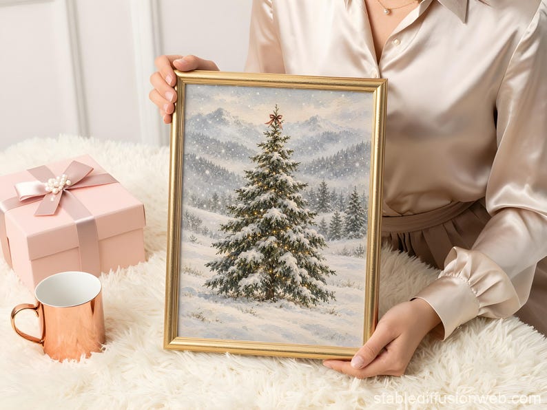 Vintage Snowy Christmas Tree Wall Art - Winter Landscape Painting ...