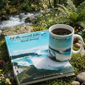 Puede incluir: Un diario de viaje y una taza de café con el texto "Let the current take you" y una imagen de las Cataratas del Niágara. El diario y la taza están sobre musgo con un arroyo al fondo. La taza está llena de café oscuro.