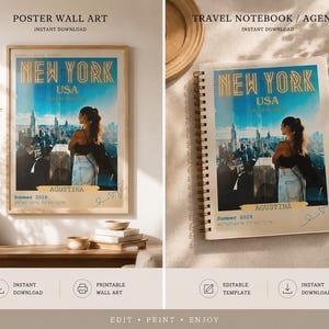 Puede incluir: Un póster enmarcado y un cuaderno de espiral con un diseño de Nueva York. El diseño incluye el texto "NEW YORK USA" en letras doradas, una foto de una persona con vistas a la ciudad y el nombre "AGUSTINA".