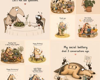 Kaartenbundel | Grappige miereneter | Printbare wenskaarten | Leuke introverte dierenkaarten | Digitale download