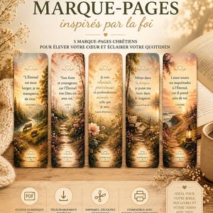 Peut inclure: Un ensemble de cinq marque-pages rectangulaires illustrés de paysages inspirés par la foi avec des textes religieux en français. Chaque marque-page présente une scène naturelle unique, incluant des sentiers, des arbres et de l'eau.