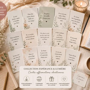 Peut inclure: Un ensemble de 15 cartes d'encouragement chrétiennes pour mamans, avec des motifs floraux et de feuilles. Les cartes présentent des citations inspirantes en français. Une bougie, une tasse de café et un livre sont également présents.