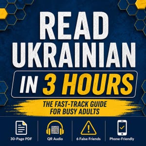 Könnte beinhalten: Ein digitaler Leitfaden mit dem Titel READ UKRAINIAN IN 3 HOURS THE FAST-TRACK GUIDE FOR BUSY ADULTS. Die blau-gelbe Grafik zeigt Symbole für ein 30-seitiges PDF, QR-Audio, 6 falsche Freunde und ein telefonfreundliches Format auf einem Sechseckmuster.