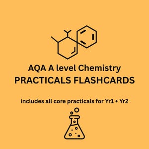 Op de afbeelding: Een oranje achtergrond met zwarte tekst en lijntekeningen. De tekst luidt "AQA A level Chemistry PRACTICALS FLASHCARDS" en "includes all core practicals for Yr1 + Yr2". De afbeelding bevat een moleculaire structuur en een fles.