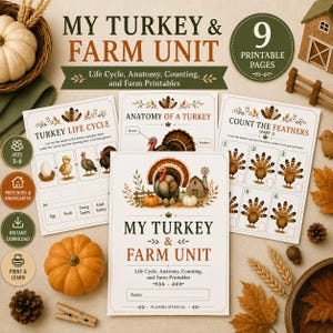 Może przedstawiać: Zestaw dziewięciu stron edukacyjnych do druku zatytułowanych My Turkey & Farm Unit, zawierających ilustracje indyków, cykli życiowych i ćwiczeń z liczenia. Strony zawierają teksty takie jak Turkey Life Cycle, Anatomy of a Turkey i Count the Feathers.