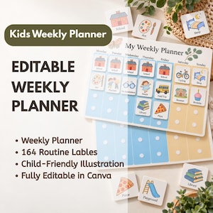 May include: A weekly planner board with light blue and yellow columns, featuring rows of small white circles for attaching square routine labels. The board displays the text My Weekly Planner and includes various illustrated activity tiles.