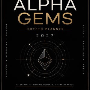 Puede incluir: Agenda de criptomonedas negra con el título "ALPHA GEMS" en letras doradas y un símbolo de Ethereum. La agenda incluye el año 2027, logotipos de criptomonedas y el texto "ALPHA IS A HABIT."
