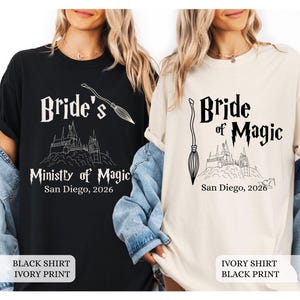 May include: Two t-shirts, one black and one ivory, featuring the text "Bride's Ministry of Magic San Diego, 2026" and "Bride of Magic San Diego, 2026". Each shirt has a broom graphic and a castle illustration.