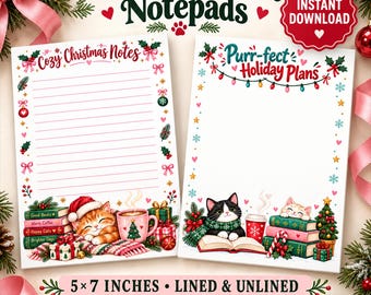 Printbaar notitieblokpakket met kerstkattenmotief, 5x7 inch (14,7 cm) met en zonder lijnen, direct te downloaden.