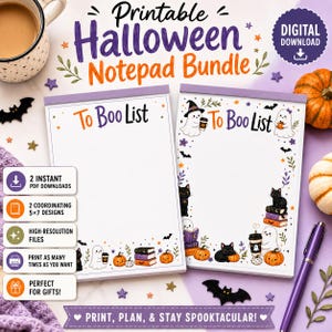 May include: A printable Halloween notepad bundle featuring two To Boo List designs with illustrations of ghosts, black cats, pumpkins, and books. The set includes digital download files for 5x7 inch sheets with purple and orange text accents.
