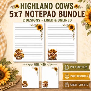 Könnte beinhalten: Ein Highland Cows 5x7 Notizblock-Set mit zwei Designs, bestehend aus liniertem und unliniertem Papier. Das Briefpapier zeigt Illustrationen von Highland-Rindern mit Sonnenblumen sowie Sonnenblumenakzente in den Ecken.