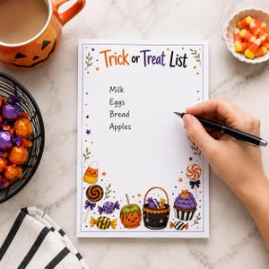 May include: A rectangular notepad with the header Trick or Treat List and a list of items including Milk, Eggs, Bread, and Apples. The border features colorful illustrations of candy corn, lollipops, a caramel apple, a basket, and a cupcake.
