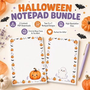 May include: A Halloween notepad bundle featuring two 12.7 x 17.8 cm digital notepad designs. One notepad has a pumpkin border with a large pumpkin at the bottom, and the other has a pumpkin and bat border with a white ghost illustration at the bottom.