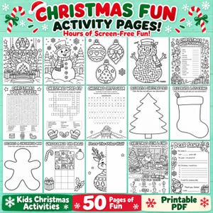 May include: A collection of 50 printable Christmas activity pages featuring black and white line art. Includes word searches, mazes, colouring sheets, word scrambles, cryptograms, and Dear Santa letters with festive holiday themes.