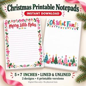 May include: Two rectangular notepads featuring Christmas designs. The left notepad has red text reading Merry Little Notes, pink lines, and a border of candy canes and holly. The right notepad has colourful text reading Oh What Fun and a base of houses and trees.