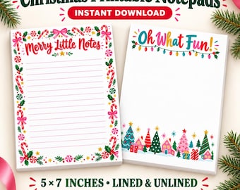 Paquete de blocs de notas navideños imprimibles, papelería festiva de 5x7 pulgadas, con y sin líneas, descarga instantánea.