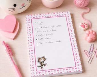 Paquete de blocs de notas imprimibles con diseño de gato, papelería rosa de 5x7 pulgadas, descarga digital instantánea, regalo para profesores.