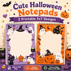 May include: Two spiral-bound Halloween notepads with 5x7 inch printable designs. The purple notepad features ghosts, a black cat, and pumpkins. The orange notepad displays a ghost, a black cat, and pumpkins. Text reads Cute Halloween Notepads.