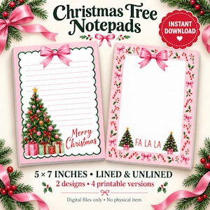May include: Two rectangular Christmas Tree Notepads measuring 5 by 7 inches. One notepad is lined with a Christmas tree and gifts, the other is unlined with candy canes and bows. Both feature pink borders, bows, and the text Merry Christmas and FA LA LA.