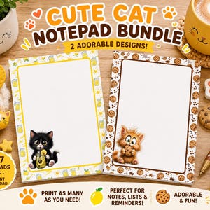 May include: A notepad bundle featuring two rectangular paper pads with white centers and decorative borders. One pad has a yellow border with lemonade graphics and a black kitten, while the other has a brown border with cookie graphics and a ginger kitten.