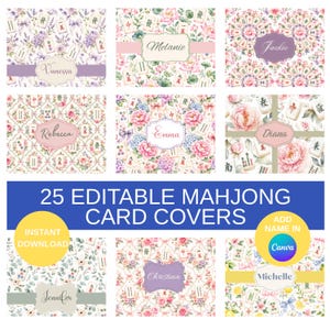 May include: A collection of 25 editable mahjong card covers featuring floral patterns and mahjong tiles. Each design includes a central label with names like Vanessa, Melanie, Jackie, Rebecca, Emma, Diana, Jennifer, Christina, and Michelle.