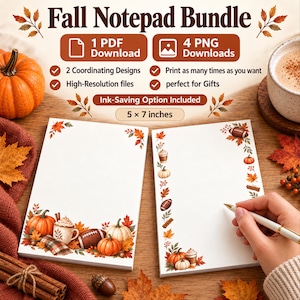 Op de afbeelding: Een digitale herfstnotitieblokbundel met twee ontwerpen van 12,7 x 17,8 cm, voorzien van aquarelillustraties van pompoenen, footballs, koffiemokken en herfstbladeren. De bundel bevat 1 PDF en 4 PNG-bestanden met hoge resolutie.