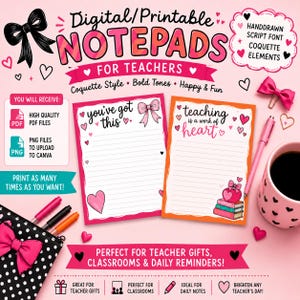 Coquette Teacher Notepad Bundle, Two Cute 5x7 Printable Stationery, Feminine Classroom Notes, Instant Digital Download, Appreciation Gift