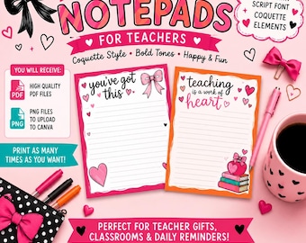 Coquette Teacher Notepad Bundle, Two Cute 5x7 Printable Stationery, Feminine Classroom Notes, Instant Digital Download, Appreciation Gift
