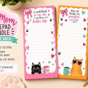 May include: Two 3.5 x 7 inch rectangular notepads with lined paper. The pink notepad features a black cat, a pink mug, and the text I work hard so my cats can have a better life. The orange notepad features an orange cat, a teal mug, and the text My cat thinks I'm purrfect (and honestly, I agree).