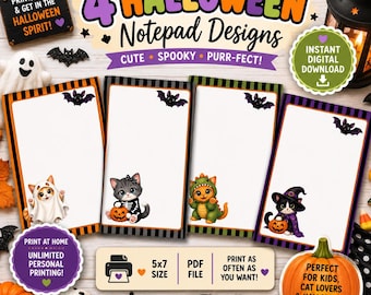 Leuke en griezelige Halloween-kattennotitieblokken om te printen, set van vier digitale PDF-downloads, direct schrijfmateriaal voor kinderen en kattenliefhebbers