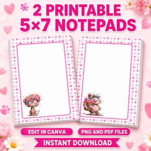 Cat Printable Notepad Bundle, Pink 5x7 Digital PDF Stationery, Heart Border Writing Paper