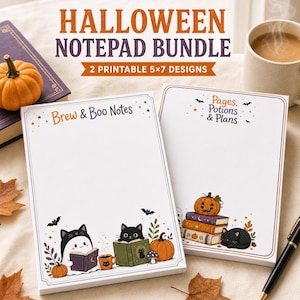 May include: Two rectangular white notepads with Halloween themes. One notepad features the text Brew & Boo Notes with a ghost, black cat, and pumpkin. The other features Pages, Potions & Plans with a stack of books, pumpkin, and black cat.