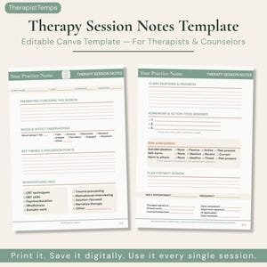 Può includere: Un modello per le note delle sedute di terapia, progettato per terapisti e consulenti. Il modello include sezioni per le informazioni sul cliente, le preoccupazioni attuali, le osservazioni dell'umore, i temi chiave e una valutazione del rischio. Il testo recita: "Stampalo. Salvalo digitalmente. Usalo ad ogni seduta."