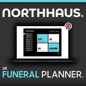 May include: A laptop screen showing the "NORTHHAUS" logo and a UK Funeral Planner interface. The interface displays data in white and teal boxes, including "137" and "12". The text "UK FUNERAL PLANNER" is at the bottom.