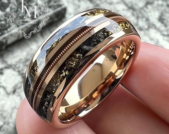 Anillo de boda de carburo de tungsteno, cuerda de guitarra de oro rosa, incrustación de hoja de oro de meteorito