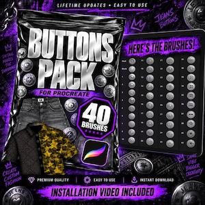Könnte beinhalten: Ein digitales Produktpaket mit dem Titel Buttons Pack for Procreate mit 40 Pinseln. Das Bild zeigt einen schwarzen Beutel mit silbernem Text, einen Tablet-Bildschirm mit einem nummerierten Raster aus 40 runden Button-Symbolen und ein Procreate-App-Symbol.