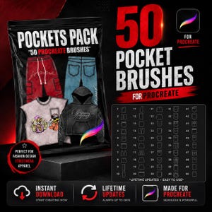 May include: A digital art pack for Procreate featuring 50 pocket brushes. The image shows a black pouch with illustrations of streetwear apparel, including a hoodie, t-shirt, and pants. The text reads "Pockets Pack" and "50 Procreate Brushes."