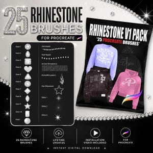 Könnte beinhalten: Digitales Kunstpaket mit 25 Strass-Pinseln für Procreate. Das Bild zeigt eine schwarze Tasche mit dem Text "Rhinestone V1 Pack" und Beispiele für Strass-Designs auf Kleidung. Enthält lebenslange Updates und ein Installationsvideo.
