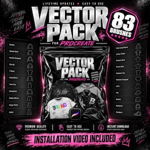 Könnte beinhalten: Ein digitales Vektor-Paket für Procreate mit 83 Pinseln für das Bekleidungsdesign. Die schwarze Verpackung zeigt verschiedene Kleidungs-Mockups wie Hoodies, T-Shirts und Jacken. Der Text lautet Vector Pack for Procreate und 83 Brushes.