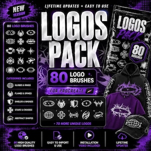 Peut inclure: Un pack d'actifs numériques pour Procreate comprenant 80 brosses de logo. Le graphique affiche du texte incluant LOGOS PACK, 80 LOGO BRUSHES et FOR PROCREATE. Il présente divers motifs de brosses blancs comme des globes, des flammes, des boucliers et des croix sur un fond violet, ainsi qu'un sweat à capuche noir, un t-shirt violet et une casquette de baseball noire arborant ces motifs.