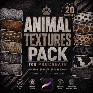 May include: A digital asset pack titled ANIMAL TEXTURES PACK FOR PROCREATE featuring 20 brushes. The image displays various animal skin and fur textures including wolf, orange fox, spotted deer, shaggy fur, feathers, elephant, dalmatian, giraffe, cheetah, black panther, cow, and croc.