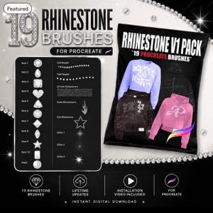 May include: A digital product listing for 19 Rhinestone Brushes for Procreate. The image displays a chart of ten gem shapes, various rhinestone patterns, and three shine effects. It also shows four hoodies decorated with rhinestone designs.
