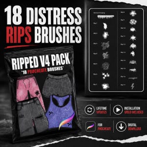 May include: A black package labeled "RIPPED V4 PACK" with "18 PROCREATE BRUSHES" and images of clothing. The package includes a pink shorts, a gray skirt, a gray shorts, and a blue tank top. The image also shows 18 distress rip brushes.