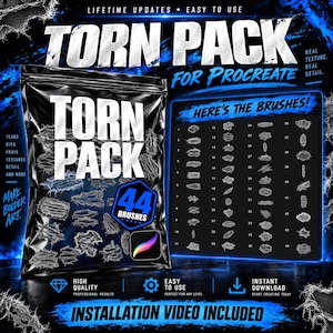 May include: A digital asset pack titled TORN PACK FOR PROCREATE featuring 44 brushes. The graphic displays a black pouch with torn paper textures, a numbered list of 44 brush strokes, and text including LIFETIME UPDATES, EASY TO USE, and INSTALLATION VIDEO INCLUDED.