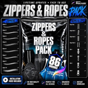 May include: A digital brush set titled Zippers & Ropes Pack for Procreate, featuring 86 brushes. The graphic displays various zipper and rope stroke examples, along with illustrations of hoodies and jackets, all set against a dark background.