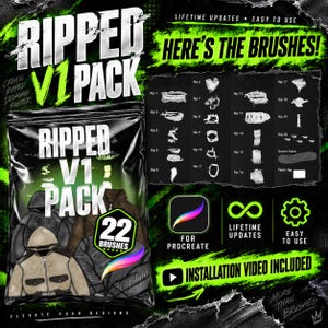 May include: A digital asset pack titled Ripped V1 Pack for Procreate, featuring 22 brushes for creating ripped designs. The graphic displays a black pouch with hoodie illustrations, a list of 20 rip styles, denim fabric, a patch tag, and text indicating lifetime updates, ease of use, and an included installation video.