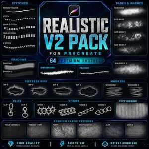Pode incluir: Uma exibição de produto digital para o Realistic V2 Pack para Procreate com 64 pincéis premium. O gráfico mostra vários exemplos de traços de pincel, incluindo pontos, desbotamentos, sombras, rasgos, clipes, correntes e texturas de tecido.